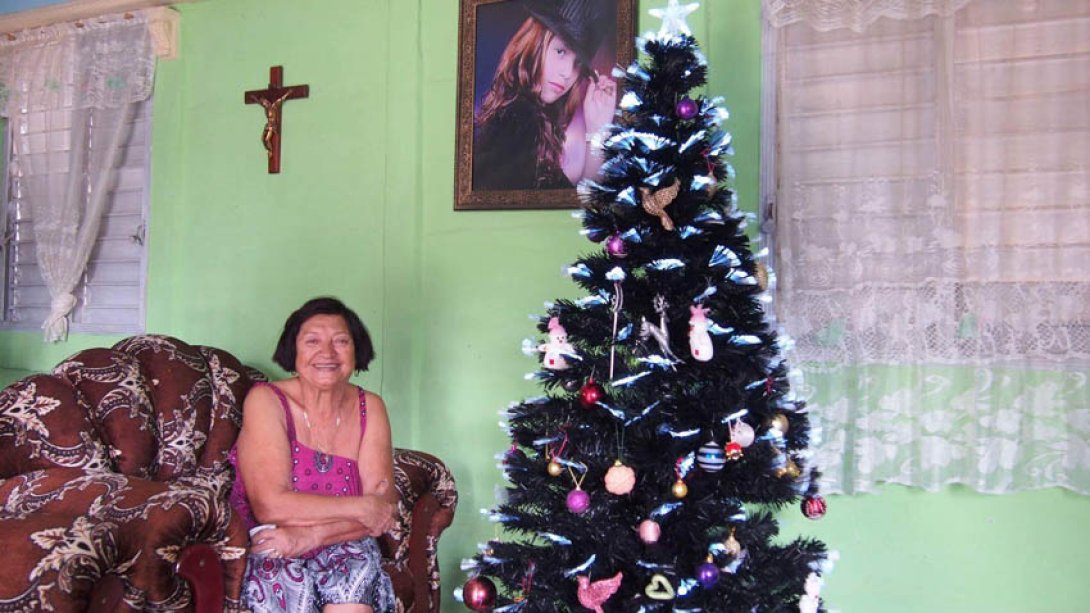 Enedina González junto a su arbolito de Navidad