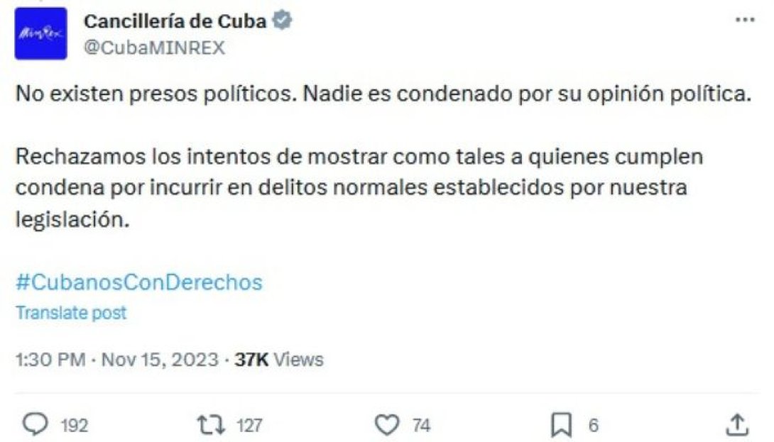 Post de la cancillería de Cuba sobre los presos políticos en Cuba.