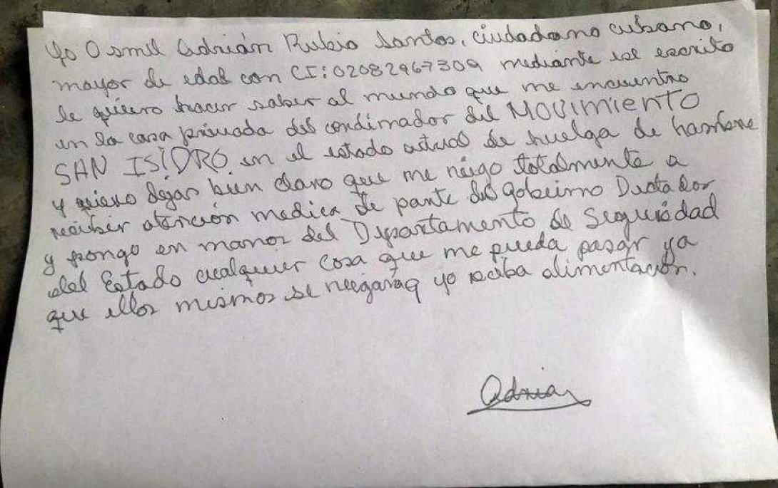 Carta de Osmel Adrián Rubio Santos, en huelga de hambre
