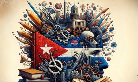 Libros, lápices y otros artículos "culturales" junto a la bandera cubana
