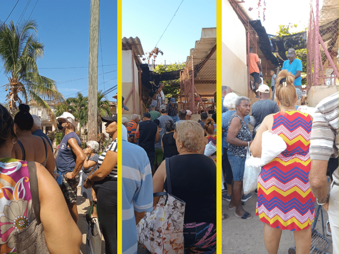 Collage muestra tres imágenes de las personas en Cuba haciendo cola.