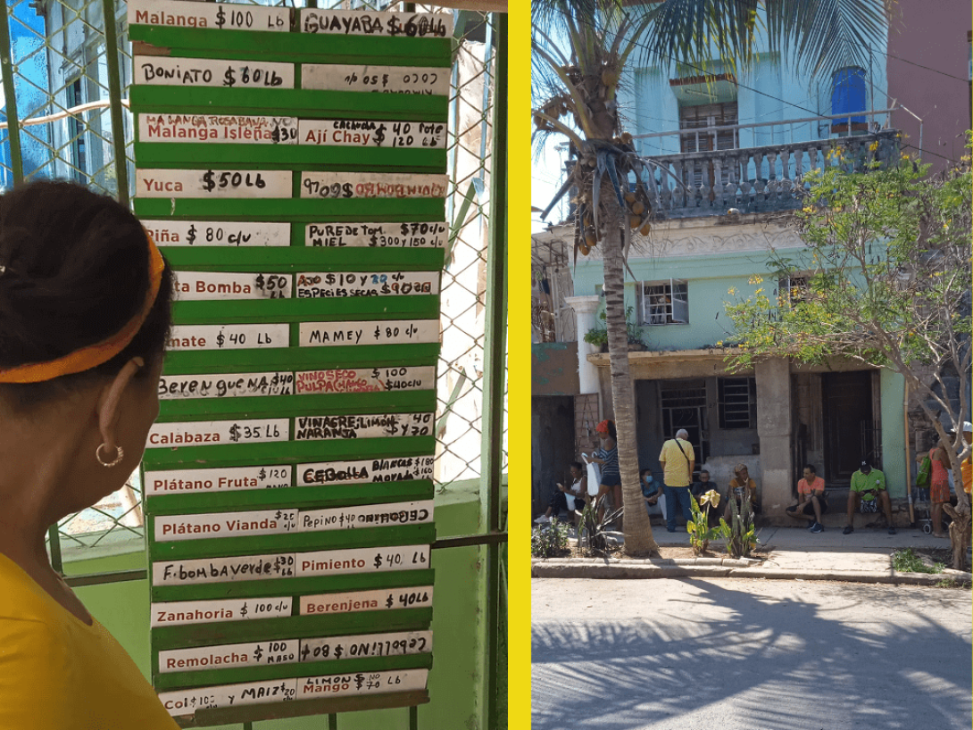 Collage muestra dos imágenes en Cuba: una mujer mira los precios en una tablilla en el Agromercado, las personas esperan en una cola.
