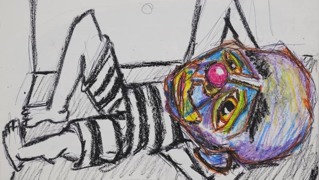 De la serie "Payasos", s/t, 2021. Tinta, grafito y crayola sobre papel. 