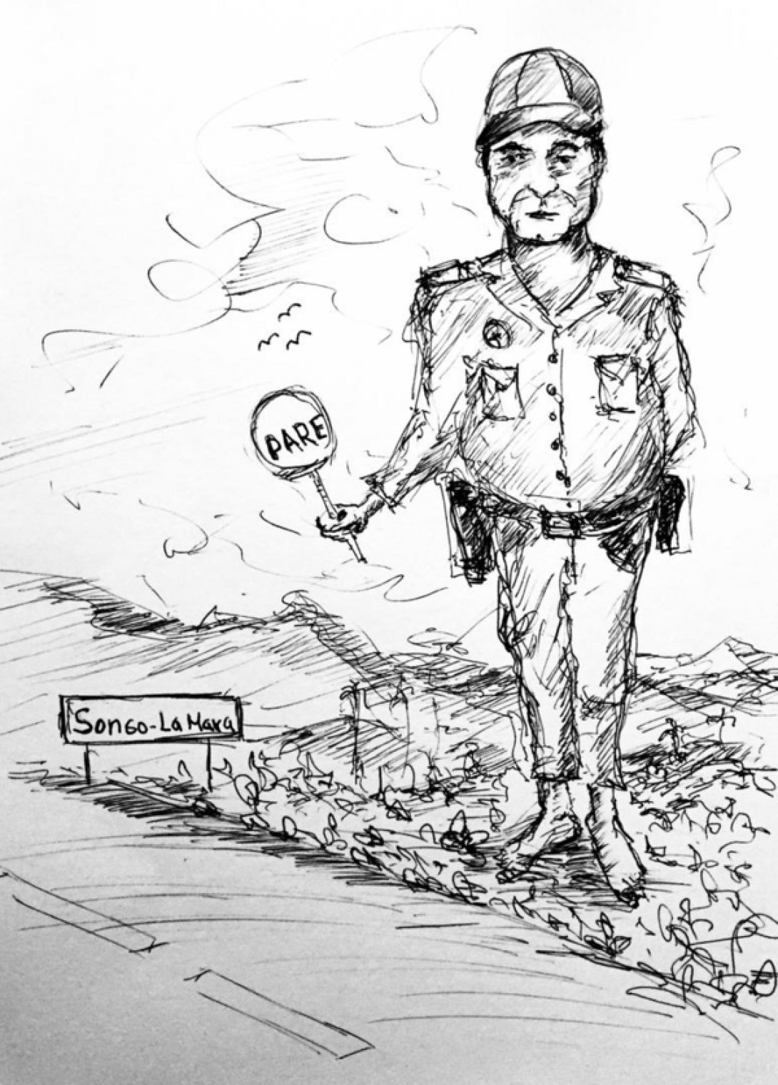 (Dibujo) El poeta Alexander Besú de policía.