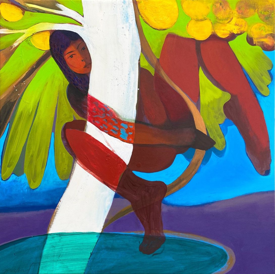 "El tiempo que dura un abrazo", de Maikel Sotomayor, acrílico sobre lienzo, 100 x 100 cm, 2023.