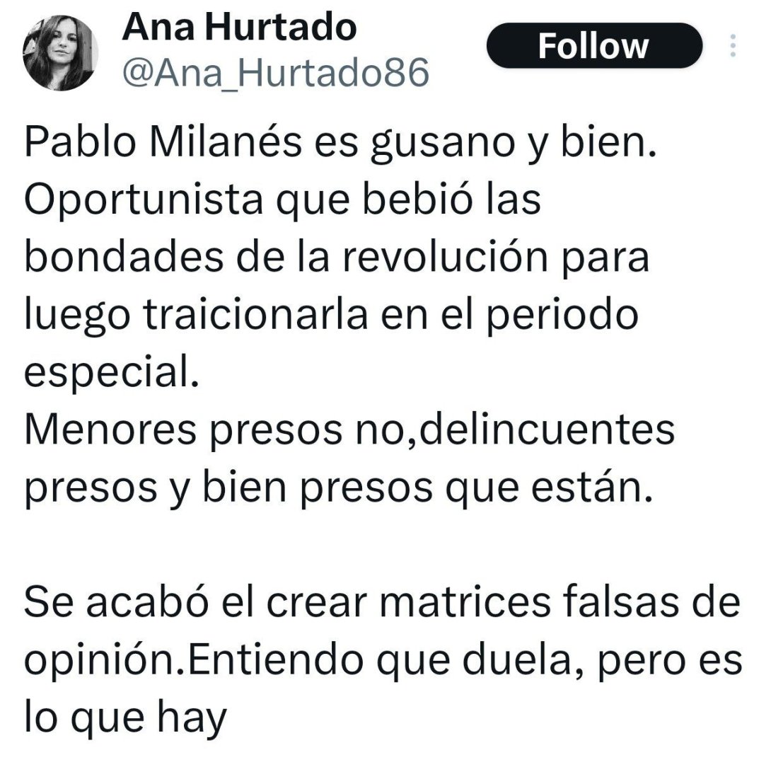 Tweet de Ana Hurtado sobre Pablo Milanés.