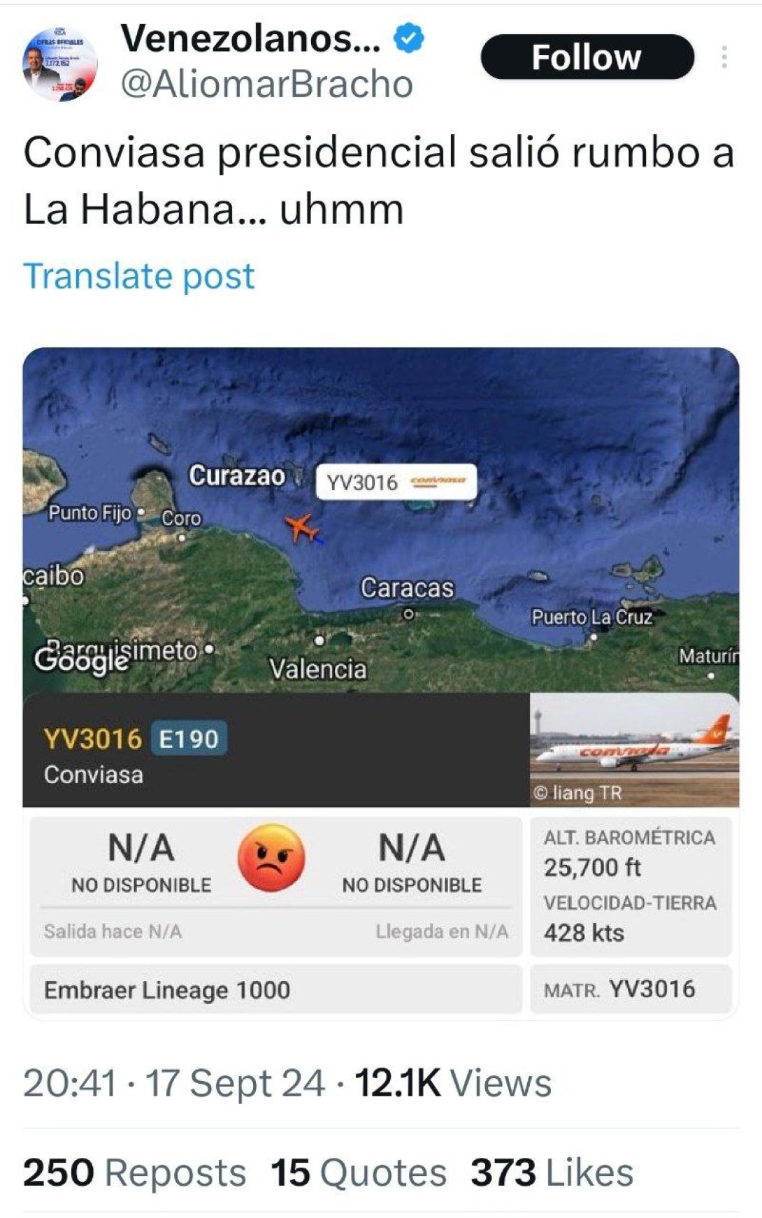 Avión presidencial venezolano presuntamente rumbo a Cuba.