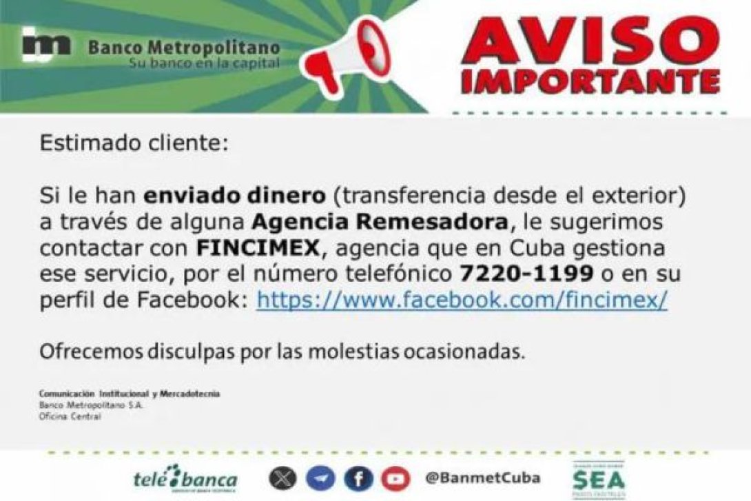 Comunicado del Banco Metropolitano de Cuba sobre el retraso de las remesas.