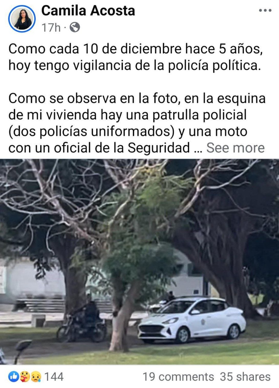 Post de Facebook de la periodista Camila Acosta.