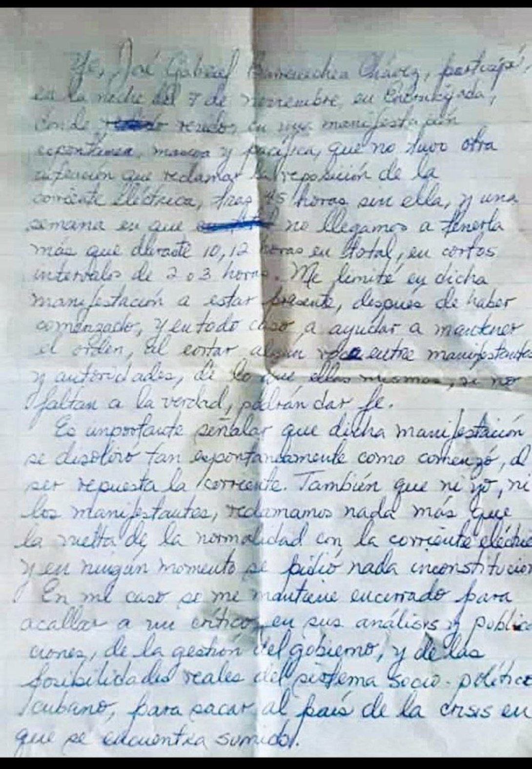 Carta de José Gabriel Barrenechea desde prisión.