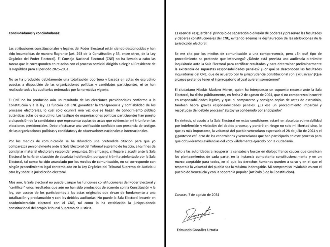 Carta de Edmundo González publicada en sus redes sociales.