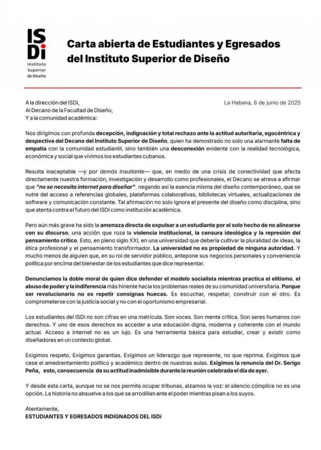 Carta abierta del ISDi