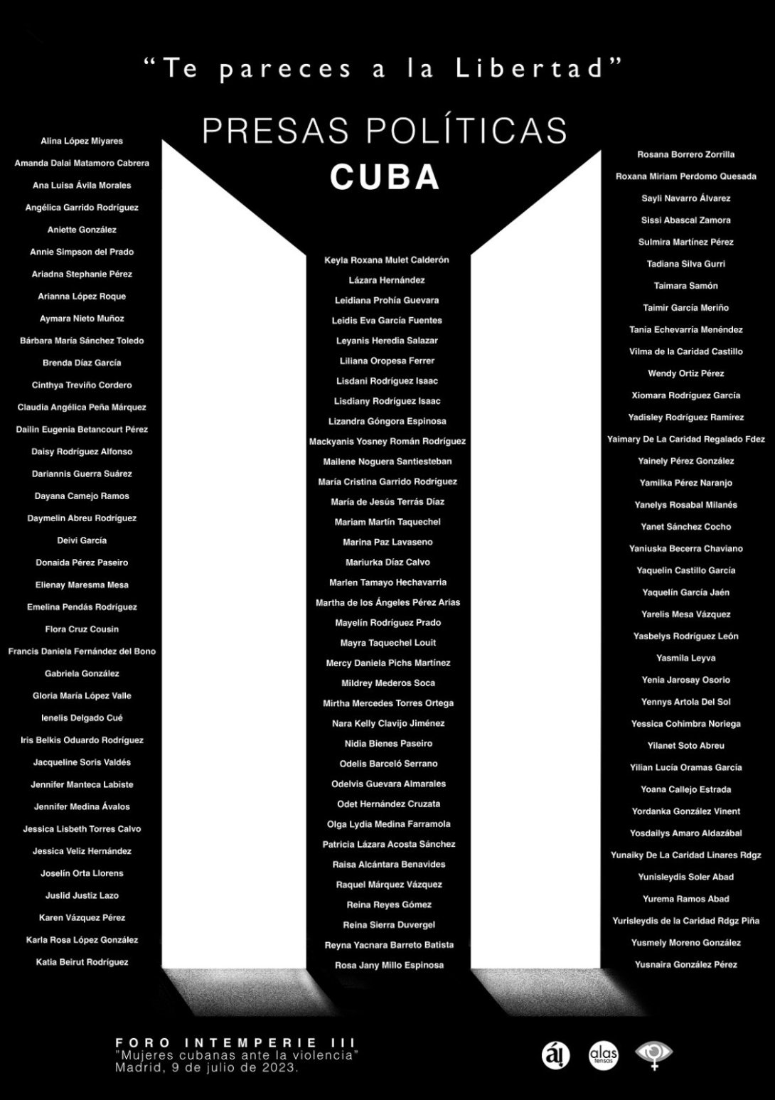 Cartel con los nombres de las presas políticas cubanas.
