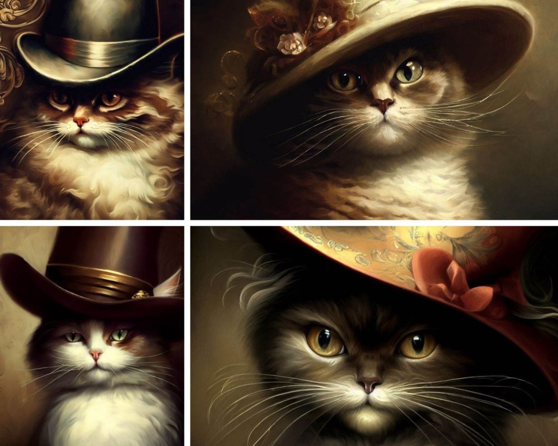 Gatos con sombrero barroco generados por Intelegencia Artificial.