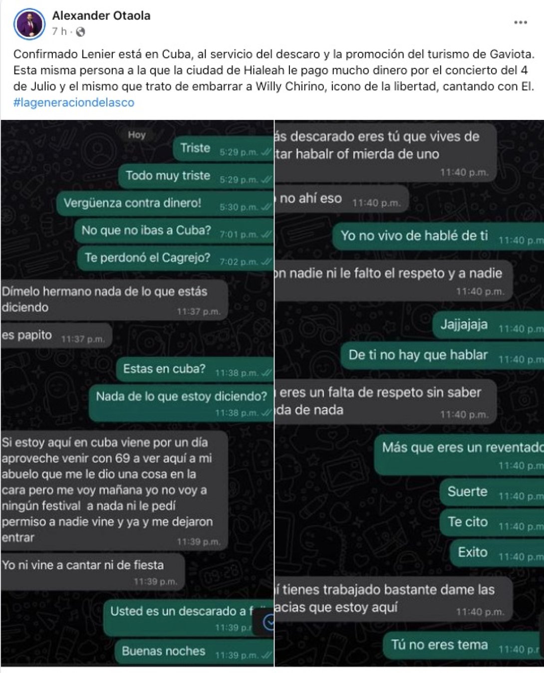 Conversación entre Lenier y Otaola por Whatsapp.