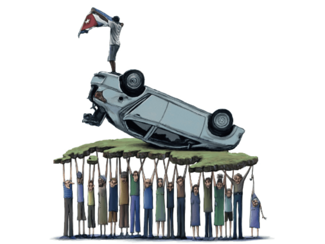 Ilustración de personas cargando a la Isla de Cuba.