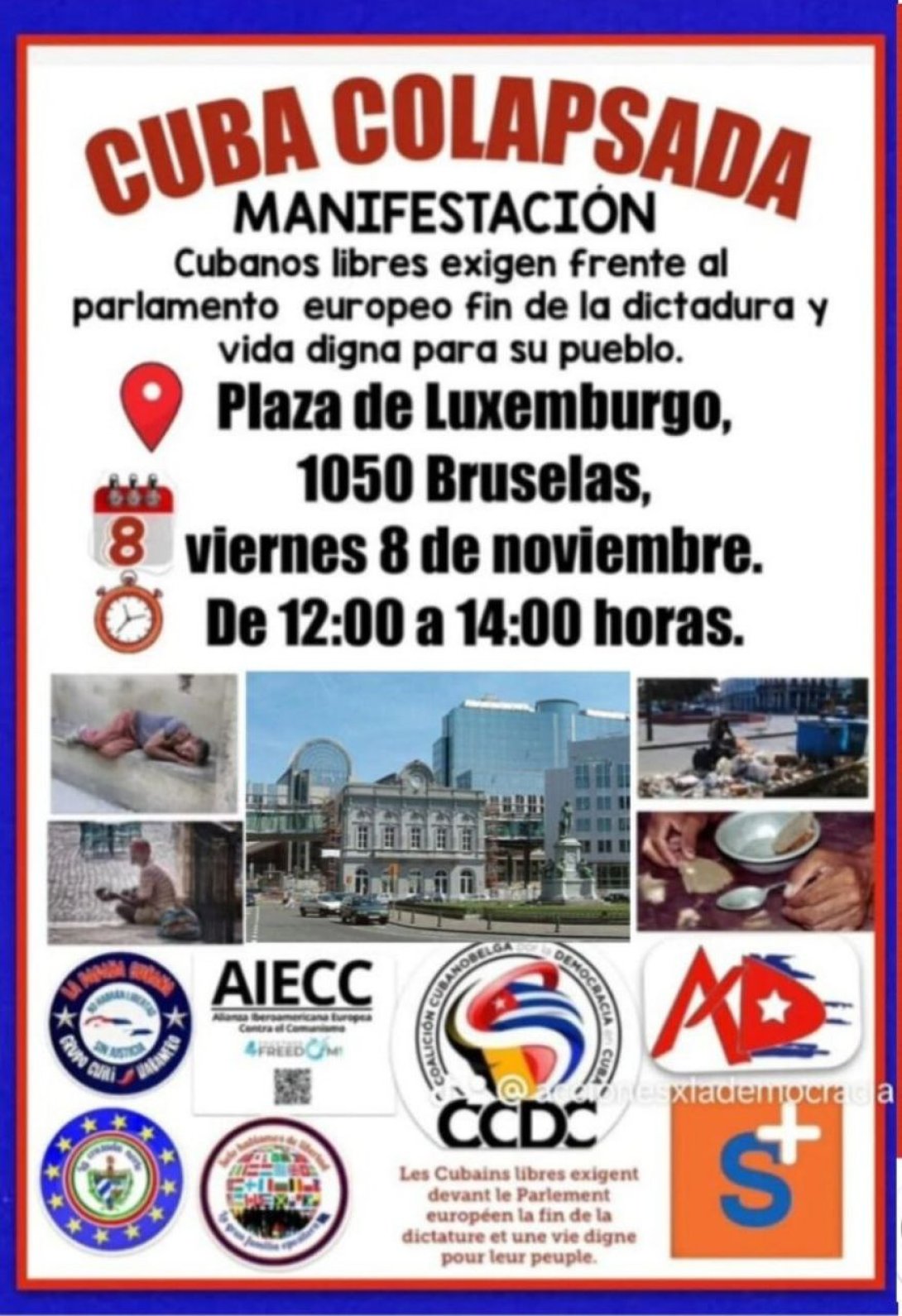 Poster de Cuba colapsada, manifestación en Bruselas.