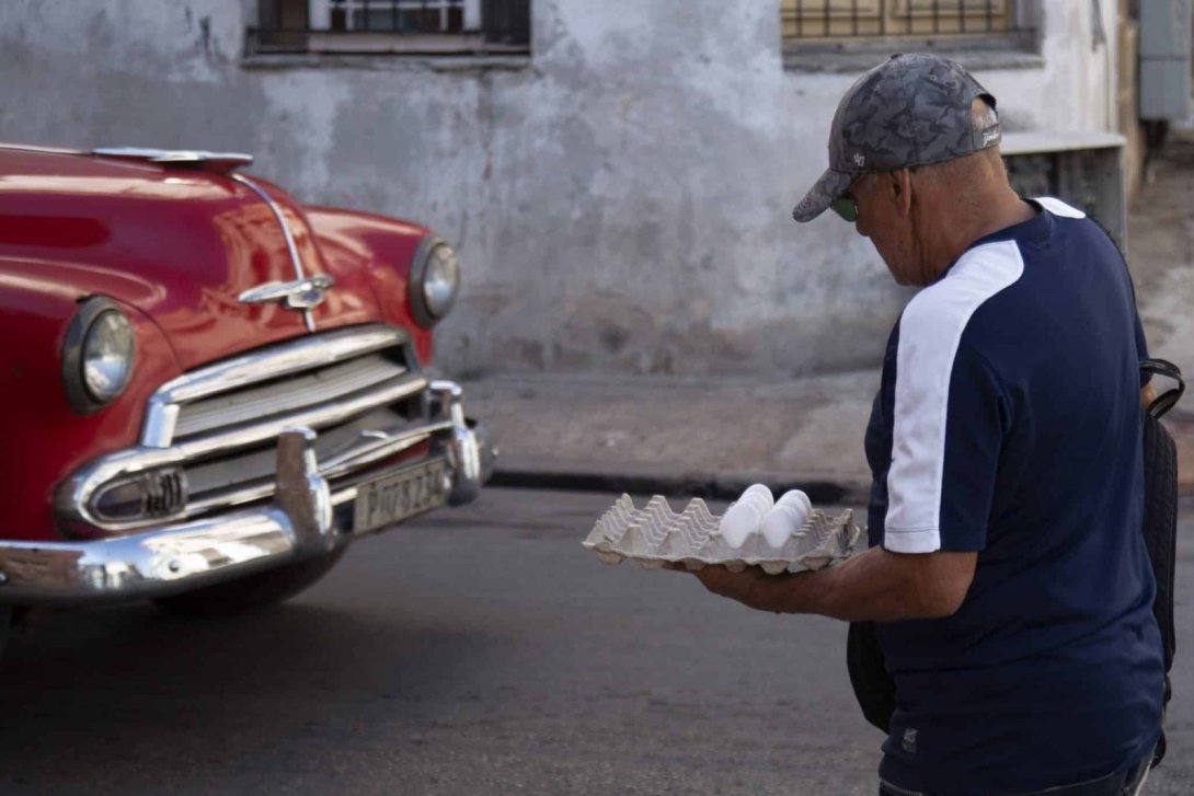 Un cubano camina con un cartón de huevos.