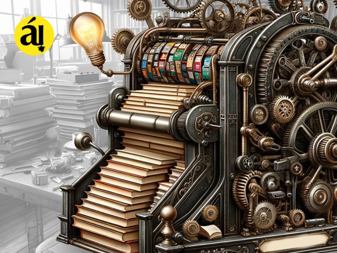 Maquinaria imaginaria que parece una imprenta vieja con muchos libros
