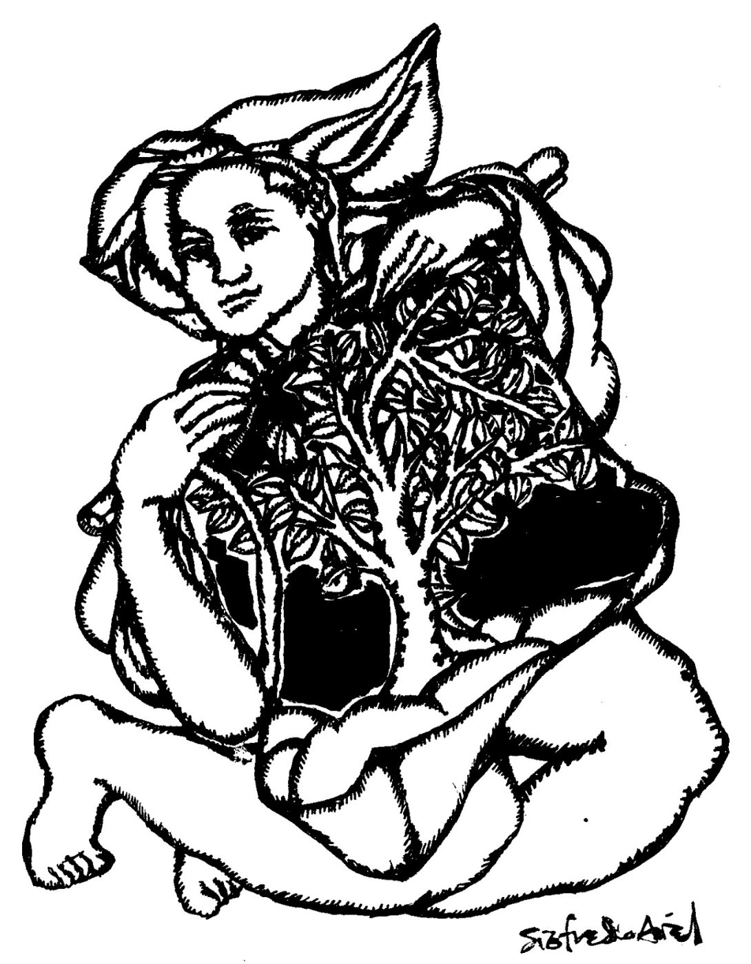 Dibujo de Sigfredo Ariel: una joven se abre el pecho y muestra un árbol.