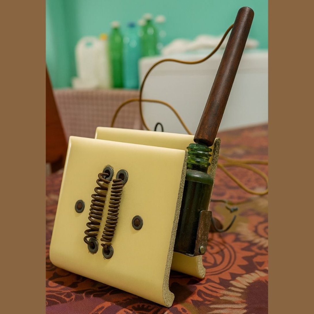 Encendedor eléctrico cubano hecho en casa, con resistencia metálica y botella de vidrio para alcohol, utilizado en cocinas de queroseno.