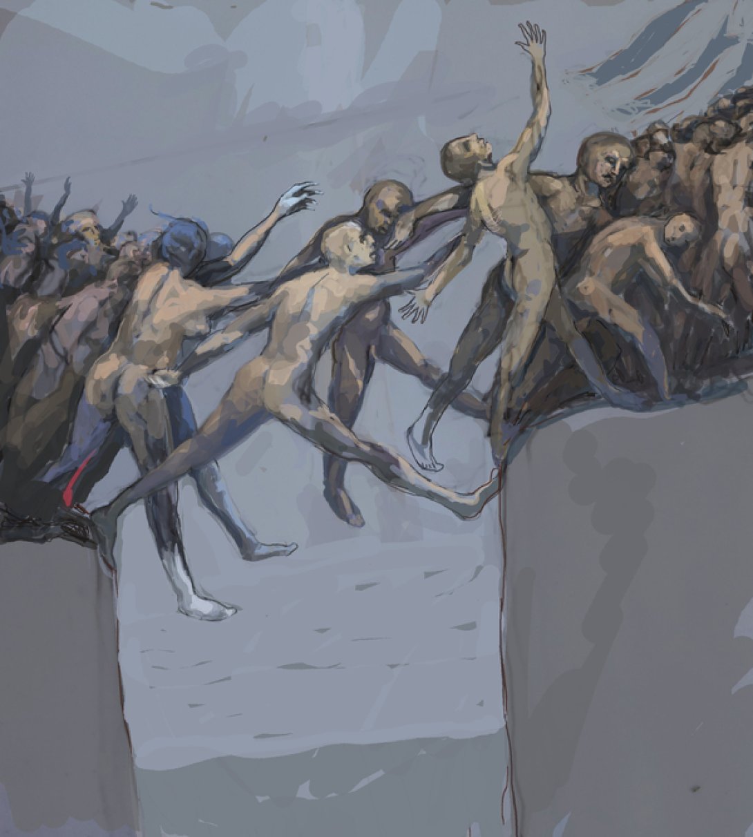 Obra de Walfrido Hau: "Hacia el nuevo país..." representa un grupo de personas cruzando un abismo.