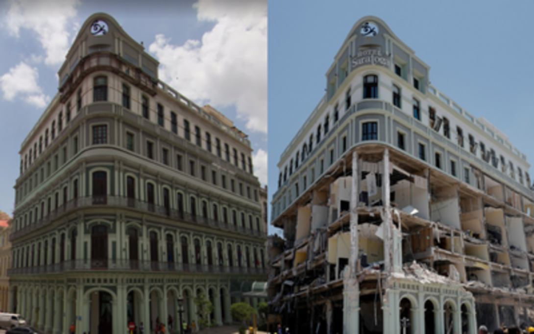 Saratoga antes y después de la explosión.