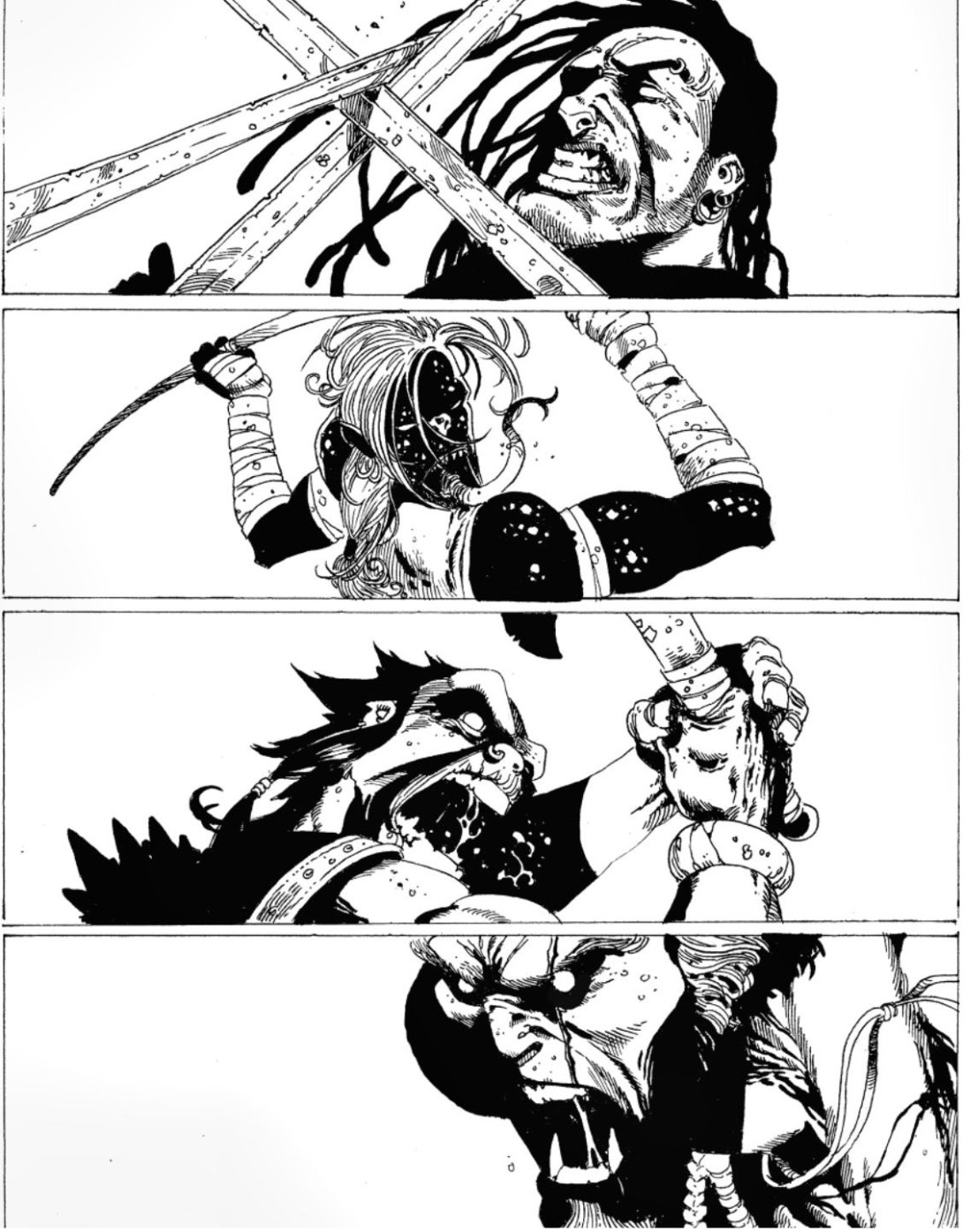 escena de combate con espadas entre humanos y otros seres
