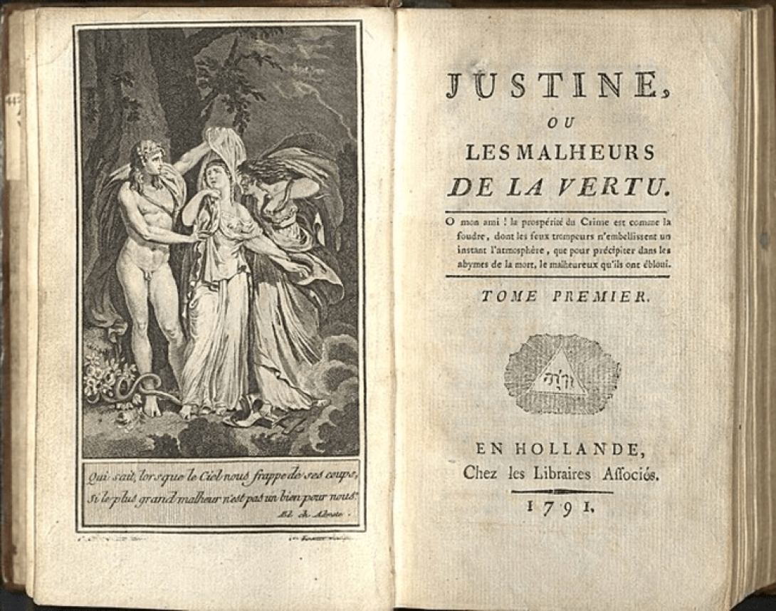 Ilustración y título de la obra "Justine o los infortunios de la virtud" en las primeras páginas de una edición antigua.