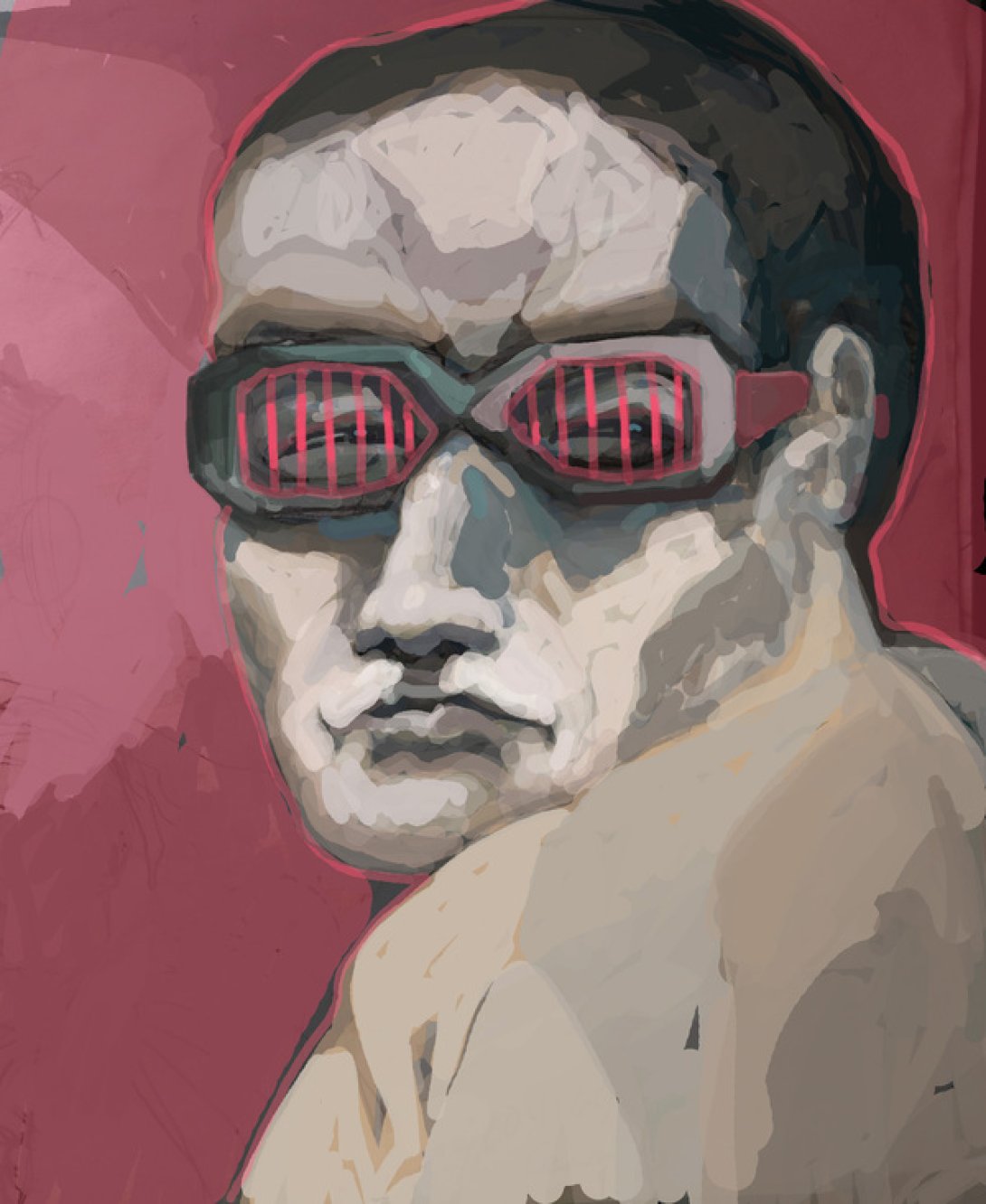 Obra de Walfrido Hau: "Incerdlys real incredulys" representa un hombre con gafas mirando por encima del hombro.