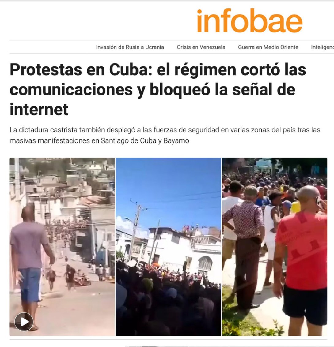 Artículo de Infobae sobre protestas en cuba