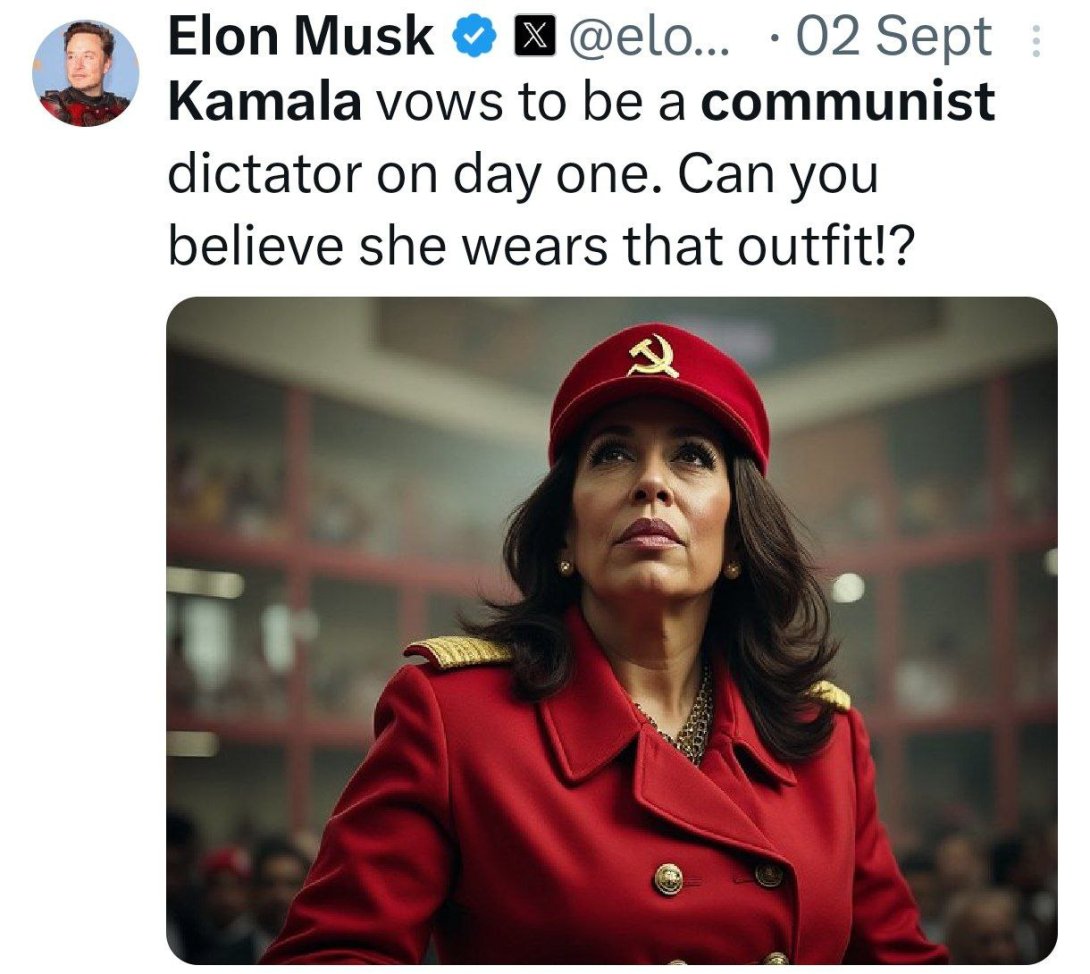 Imagen generada por IA publicada por Elon Musk, en la cual se muestra a Kamala Harris vestida como "comunista".