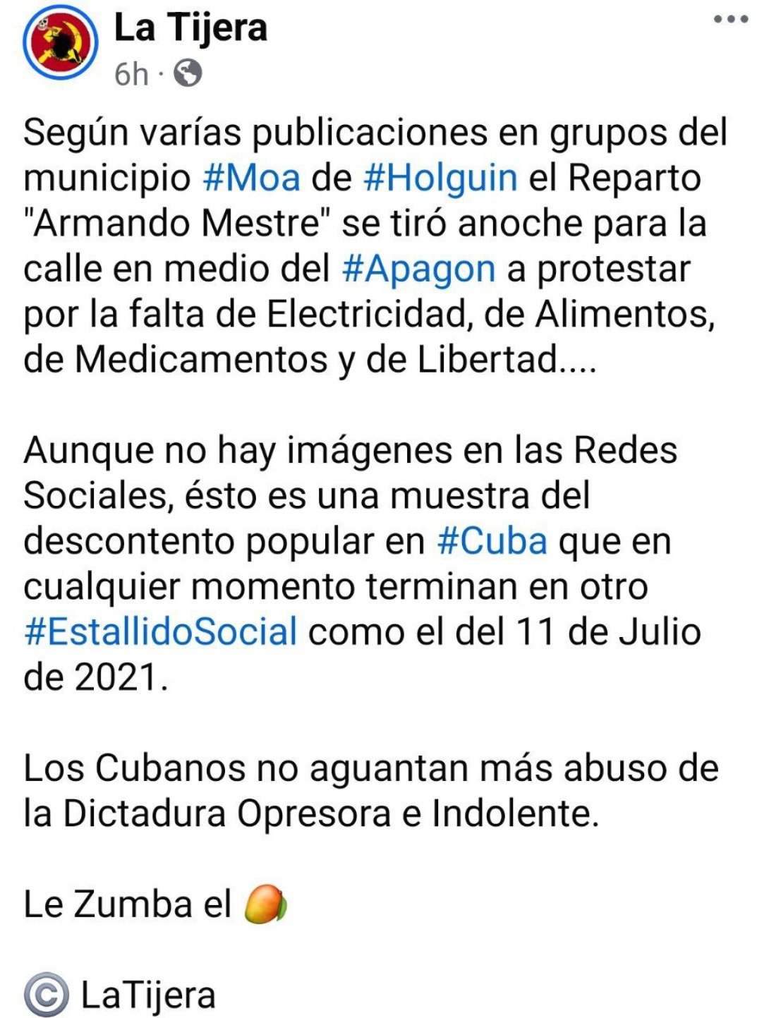 Post de La Tijera sobre protestas en Armando mestre, Holguín.