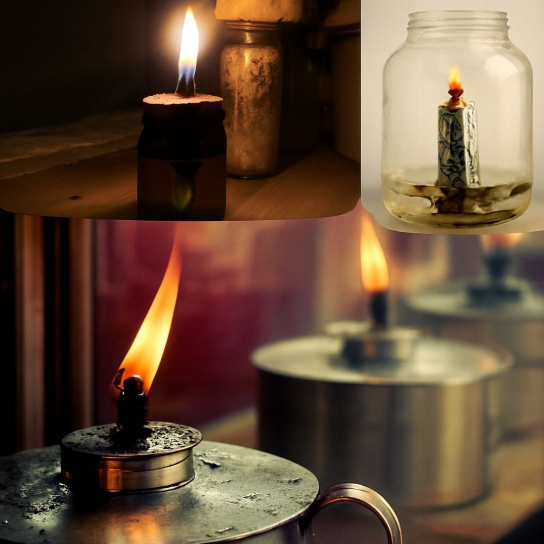 Collage de lámparas caseras encendidas, conocidas en Cuba como "chismosas", fabricadas con frascos de vidrio y latas metálicas, utilizadas como fuente de luz durante apagones.