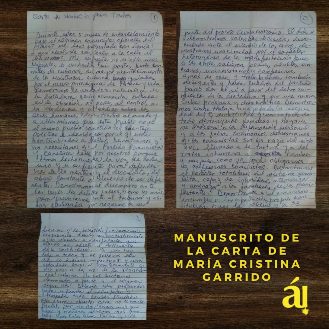 Manuscrito de la carta de María Cristina Garrido