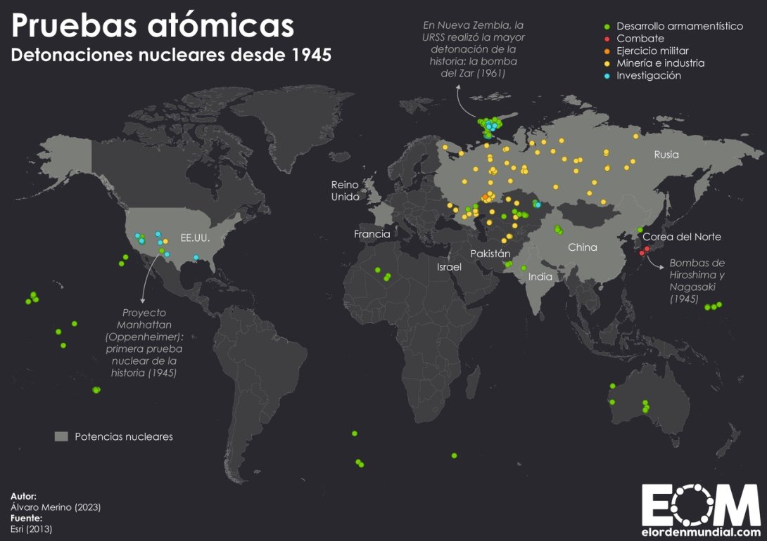 Mapa de deonaciones de bombas atómicas en todo el mundo