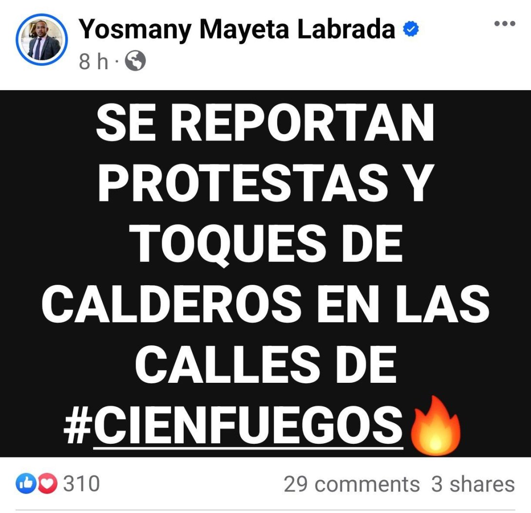 Yosmany Mayeta en FB sobre protestas en Cienfuegos