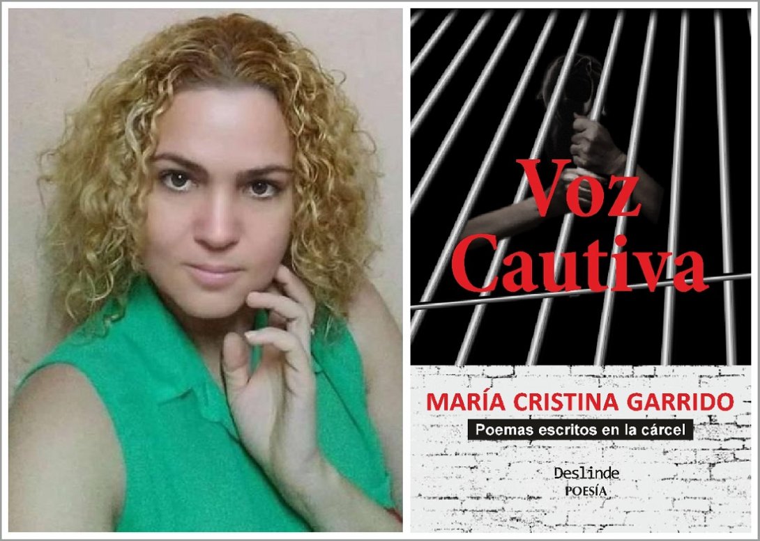 María Cristina Garrido y la portada de su poemario "Voz cautiva"