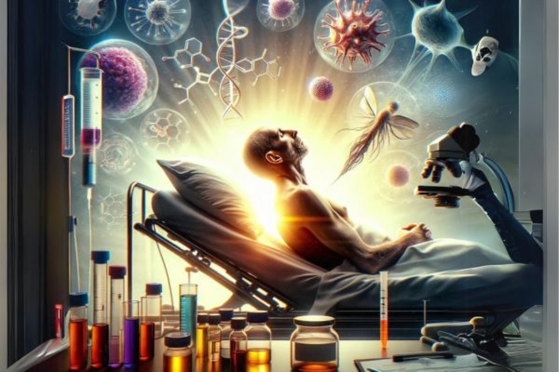 Paciente levantándose de una cama, rodeado de medicamentos.