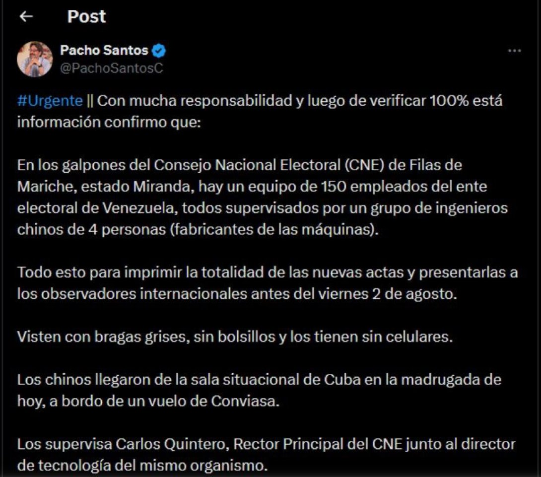 Post del político y periodista colombiano Pacho Santos en su cuenta en X.