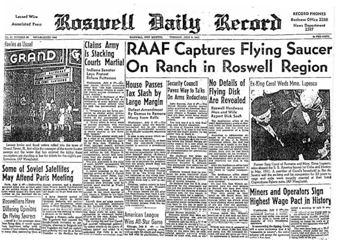 Portada del Roswell Daily Record en la que se mencionan los avistamientos de 1947