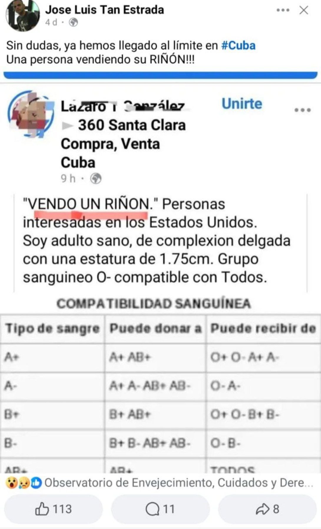 Post en el que venden un riñón en Cuba