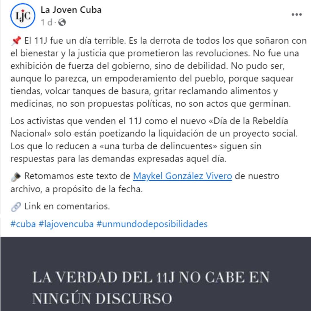 Post Facebook La Joven Cuba 11 de julio 2023