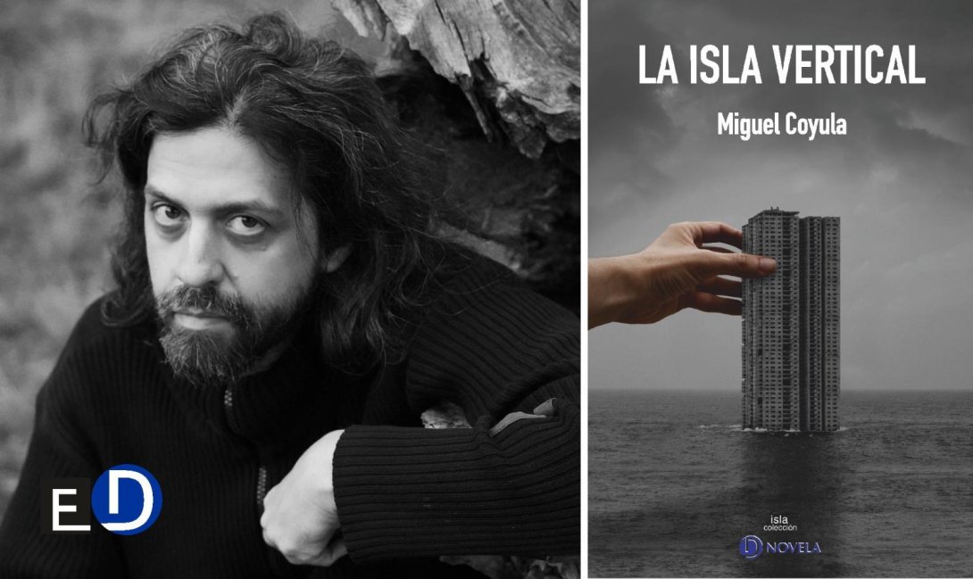 Miguel Coyula y portada de su novela La isla vertical.