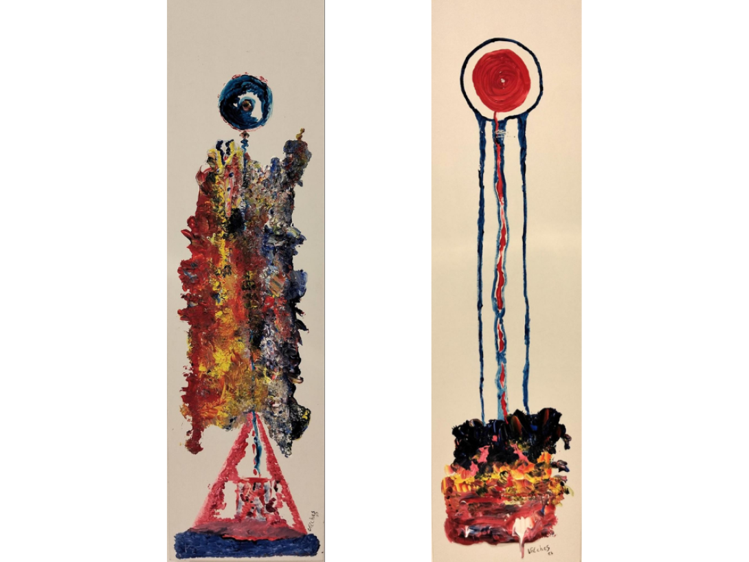 “Ojo de Deux sobre jardín de mis delicias” (2024) y "El llanto de la patria” (2023), acrílicos sobre madera, de Rafael Vilches