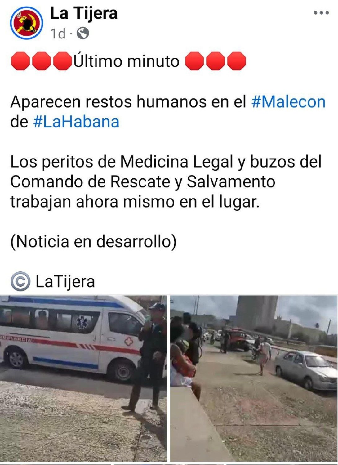 Post de La Tijera sobre restos humanos en el malecón de La Habana.