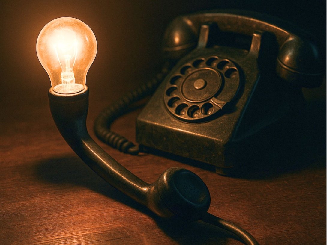 Invento cubano. Un teléfono con una bombilla injertada, mitad teléfono y mitad lámpara de mesa.