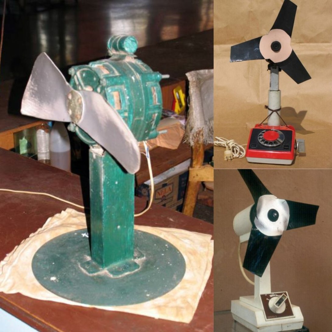 Collage de ventiladores hechos en casa con materiales reciclados, usados en Cuba como alternativa económica y funcional para refrescar espacios.