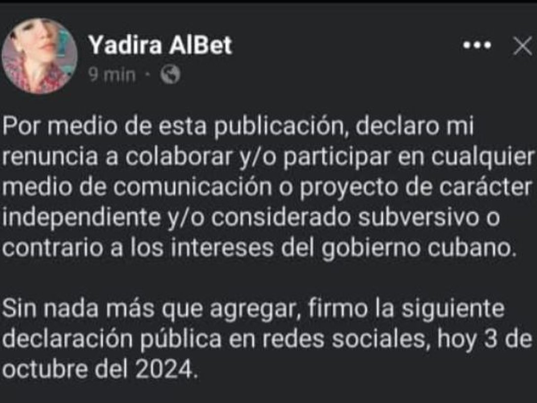 Post de la periodista cubana Yadira Albet, coaccionada por la Seguridad del Estado.