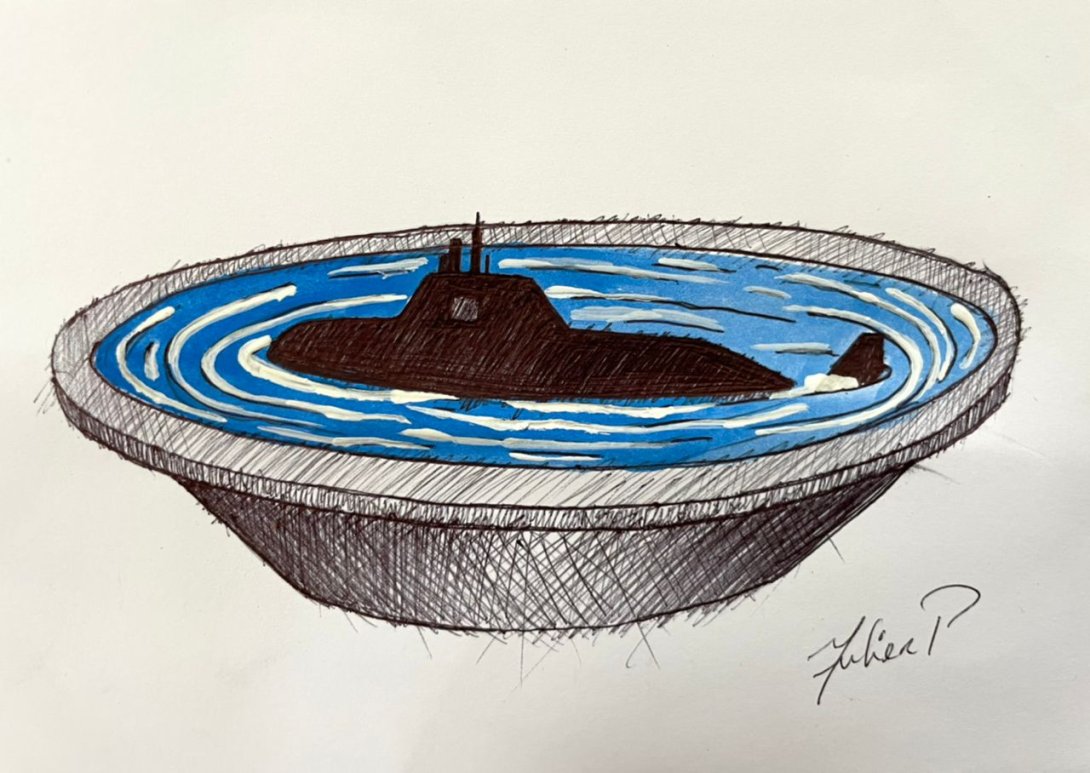 Obra de Yulier P. Submarino ruso flotando en un plato de comida